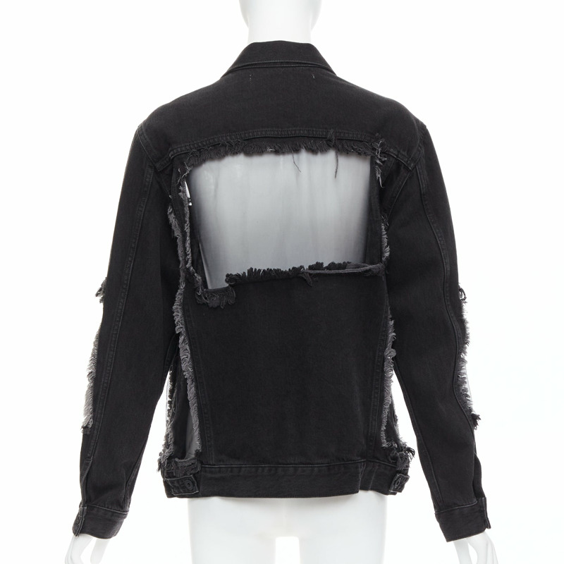 OFF WHITE black denim organza mesh panel frayed jacket XS-4