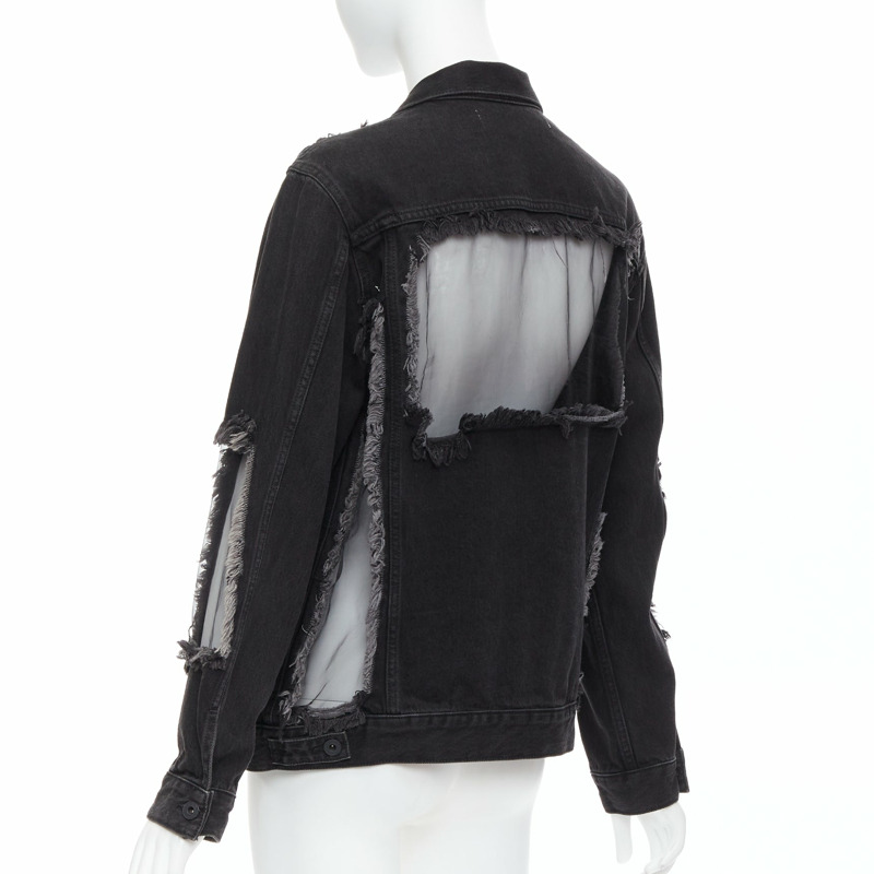 OFF WHITE black denim organza mesh panel frayed jacket XS-5