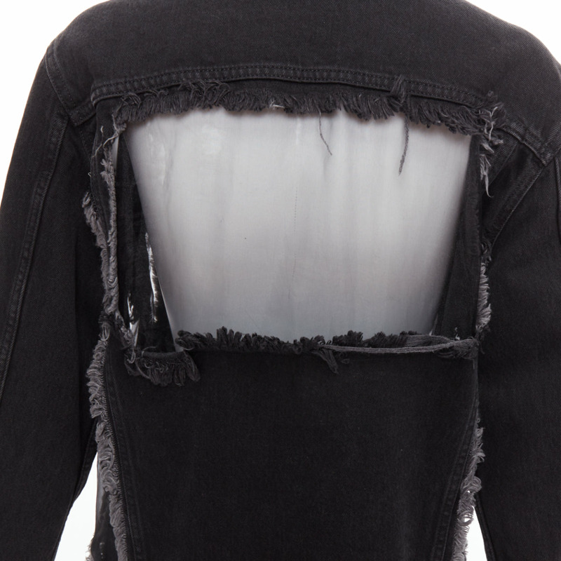 OFF WHITE black denim organza mesh panel frayed jacket XS-6