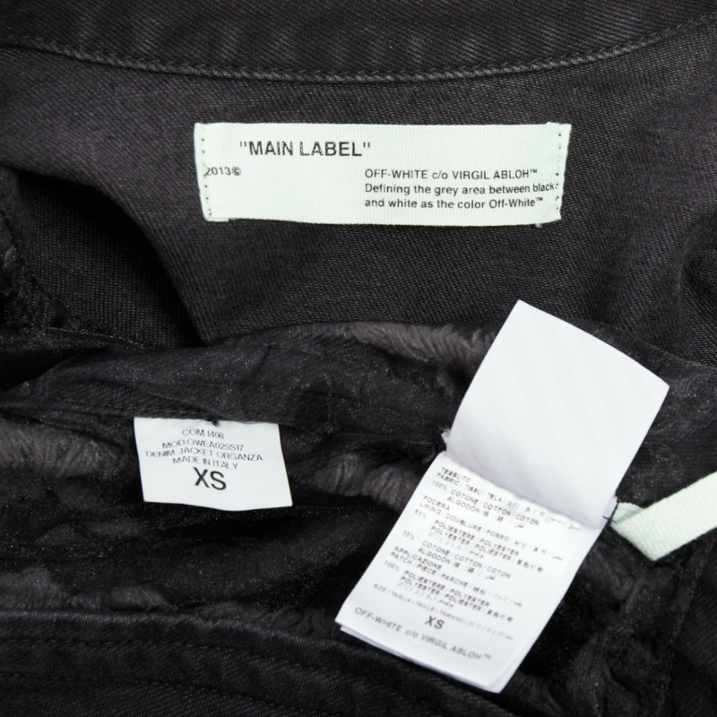 OFF WHITE black denim organza mesh panel frayed jacket XS-7