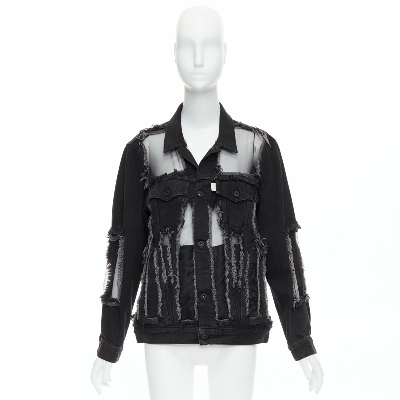 OFF WHITE black denim organza mesh panel frayed jacket XS-8