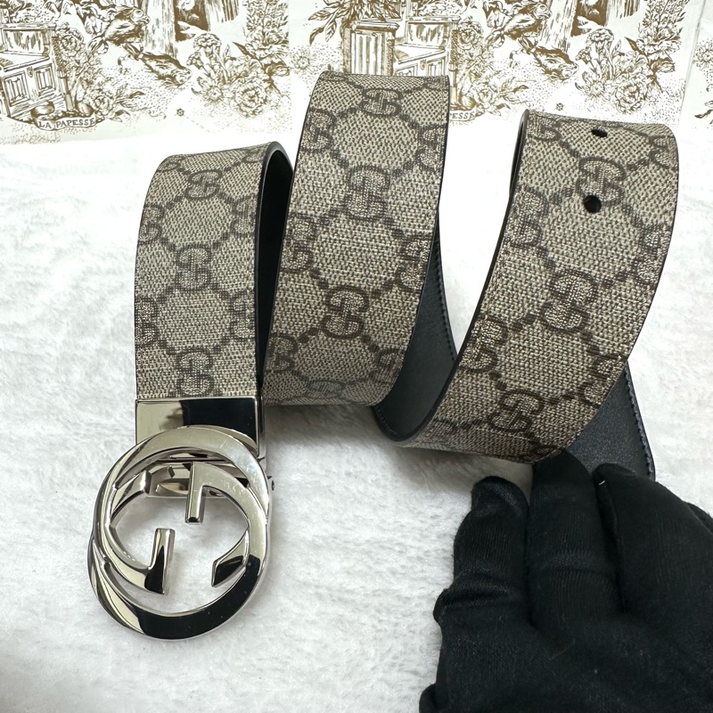 GUCCI  #老花皮帶 #黑皮帶  雙面雙面 老花拼黑牛皮 #雙面皮帶-0