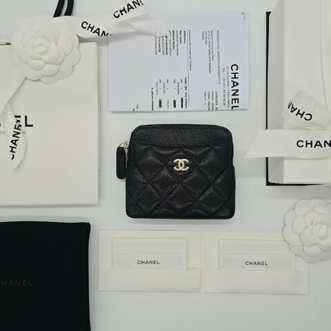 【全新♥️配件購證超級齊】CHANEL 香奈兒 荔枝紋牛皮 經典款 雙C 方形拉鍊 吐司包 卡片包 零錢包