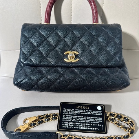 Chanel香奈儿 coco handle 中号 黑色荔枝皮拼红色蜥蜴压纹手柄复古金扣链条包
