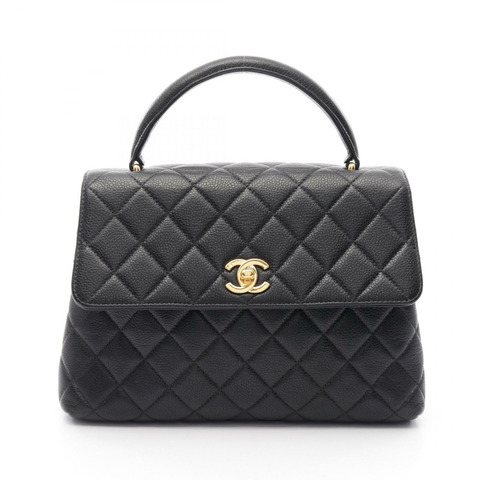 CHANEL Matelasse 頂部手柄手提包皮革粒面小牛皮黑色二手 GHW CC