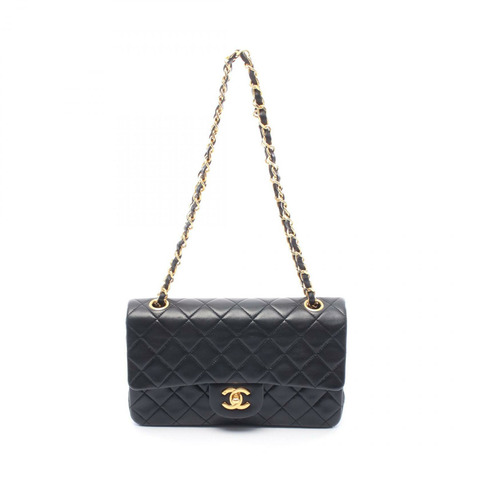 CHANEL Matelasse W 翻蓋鏈條單肩包 A01113 小羊皮 黑色 二手 GHW CC