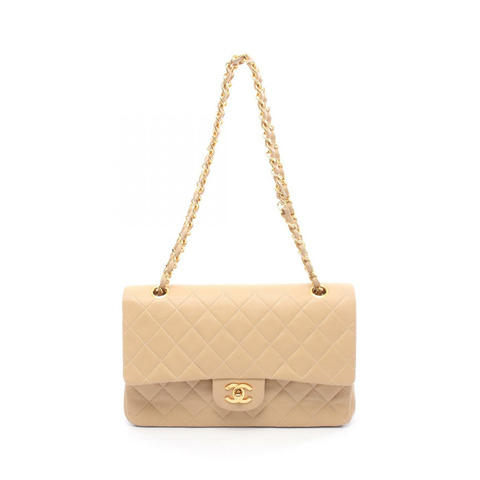 CHANEL Matelasse W 翻蓋鏈條單肩包 A01112 小羊皮 米色 二手 GHW