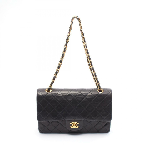 CHANEL Matelasse W 翻蓋鏈條單肩包 A01112 小羊皮 黑色 二手 GHW CC
