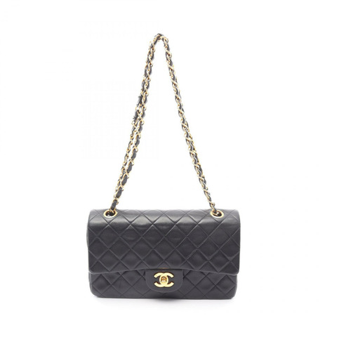CHANEL Matelasse W 翻蓋鏈條單肩包 A01113 小羊皮 黑色 二手 GHW CC