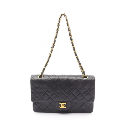 CHANEL Matelasse W 翻蓋鏈條單肩包 A01112 小羊皮 黑色 二手 GHW CC