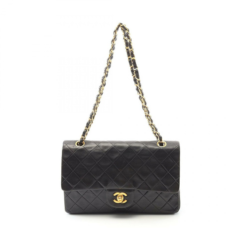 CHANEL Matelasse W 翻蓋鏈條單肩包 A01112 小羊皮 黑色 二手 GHW CC