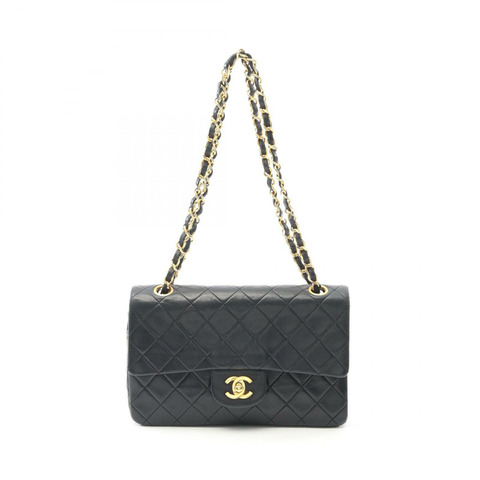 CHANEL Matelasse W 翻蓋鏈條單肩包 A01113 羔羊皮 黑色 二手