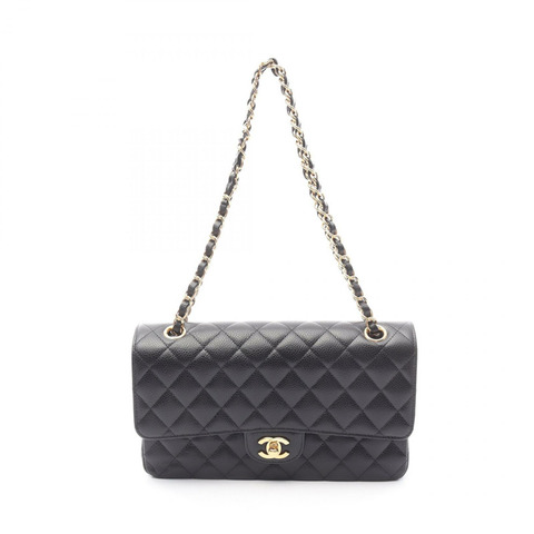 CHANEL Matelasse W 翻蓋鏈條單肩包 A01112 皮革黑二手女款 GHW