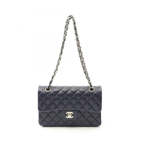 CHANEL Matelasse W 翻蓋鏈條單肩包 A01113 皮革 海軍藍 二手 女款 GHW CC