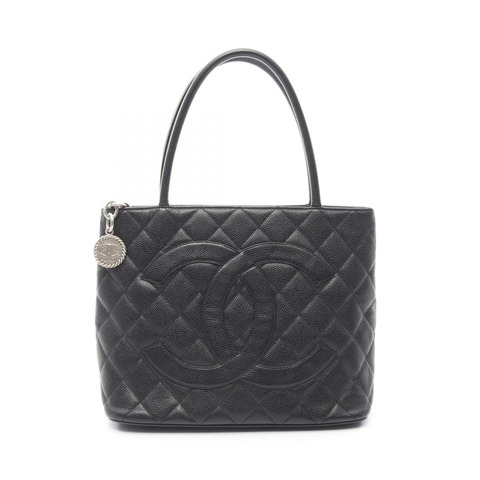 CHANEL Medallion 手提包 A01804 皮革粒面小牛皮黑色二手女士 SHW