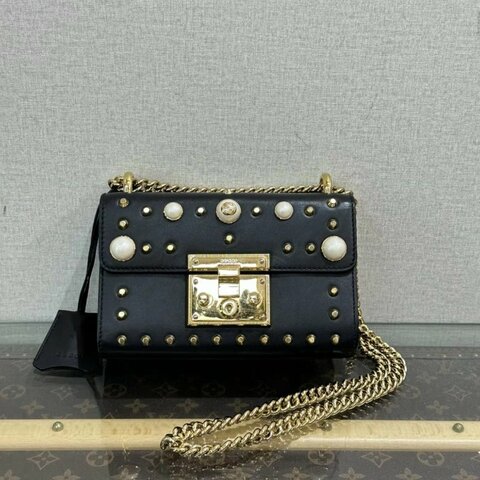 Gucci Padlock黑金珍珠卯釘肩背斜背鏈條包20*12.5*8 98新