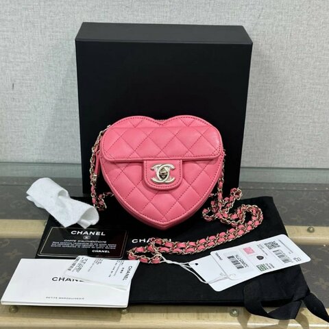 CHANEL 粉金愛心菱格紋肩背斜背包13*12*5 99新配件盒子塵袋保卡
