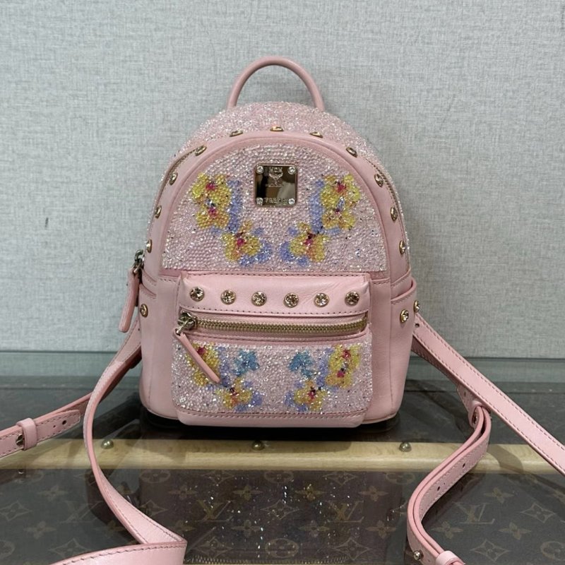MCM 施華洛世奇聯名粉金滿鑽花朵mikni後背包 18*21*9 98新-0