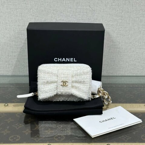 CHANEL vic禮物白金毛呢蝴蝶結肩背斜背包11*8*3 全新配件塵袋盒子