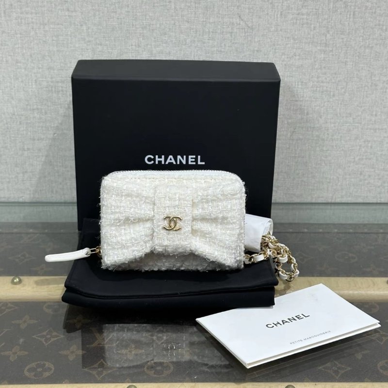 CHANEL vic禮物白金毛呢蝴蝶結肩背斜背包11*8*3 全新配件塵袋盒子-0