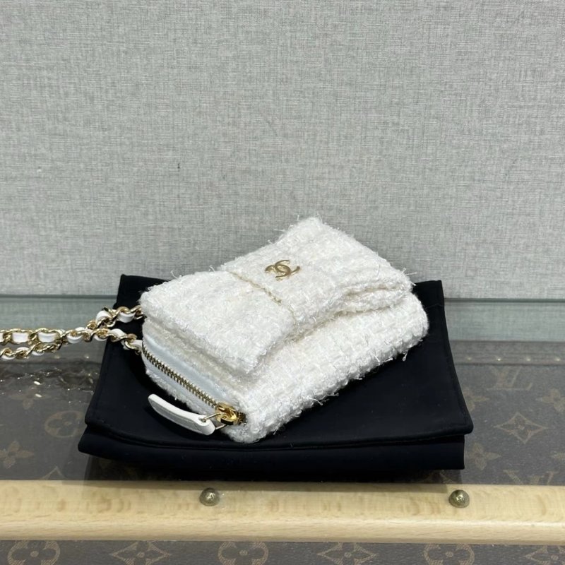 CHANEL vic禮物白金毛呢蝴蝶結肩背斜背包11*8*3 全新配件塵袋盒子-2