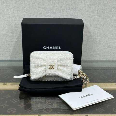 CHANEL vic禮物白金毛呢蝴蝶結肩背斜背包11*8*3 全新配件塵袋盒子