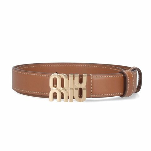 【MIU MIU】Logo 皮帶 2.5公分寬 焦糖色 金色 5CC565