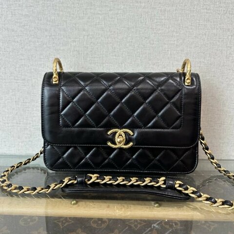 CHANEL 黑金雙金環黛妃肩背斜背包20*13*5.5 98新配件塵袋