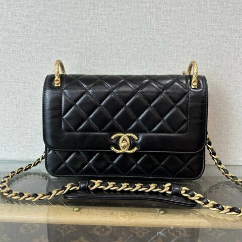 CHANEL黑金雙金環黛妃肩背斜背包20*13*5.5 98新配件塵袋