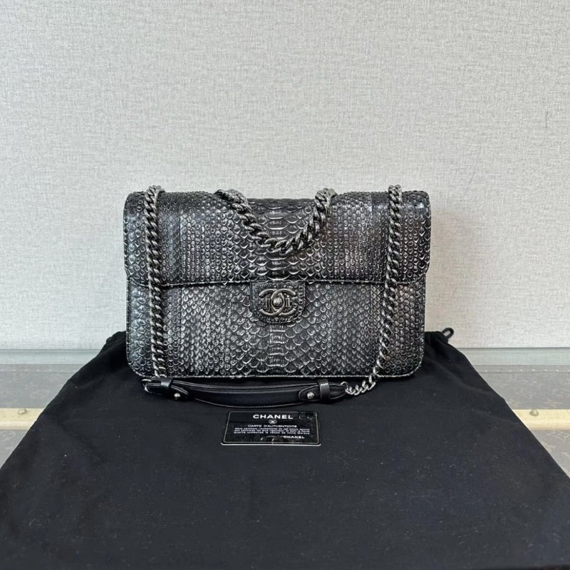 CHANEL 黑銀蛇皮孟買CF鏈條包 31*18*6 99新配件塵袋保卡-0