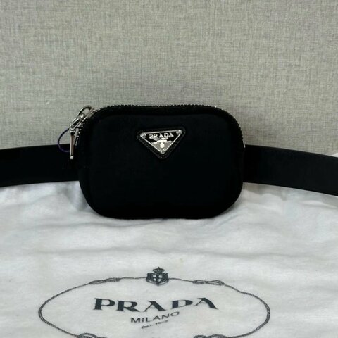 PRADA 黑銀經典三角標可拆卸腰包腰帶 10*7*2 98新配件塵袋