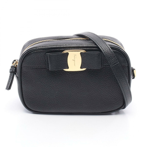 Salvatore Ferragamo Barabo 相機包 Vara 絲帶單肩包 21H 498 皮革黑色二手女式