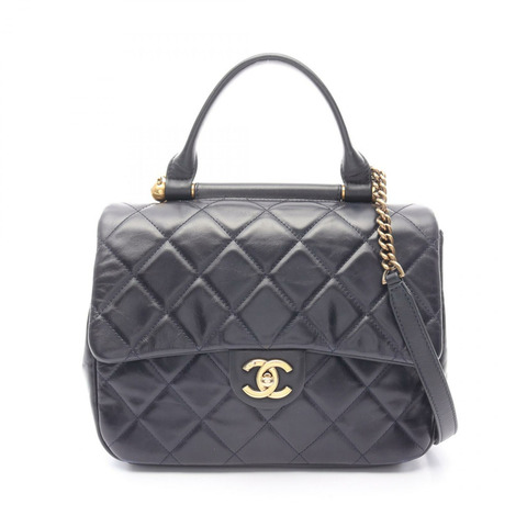CHANEL 絎縫頂部手柄鏈條單肩包 羔羊皮 海軍藍 二手 GHW