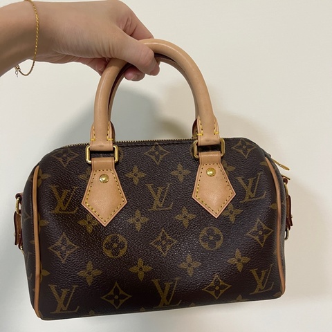 LV 原花Speedy 20 奶茶色背帶手提斜背波士頓包M46222