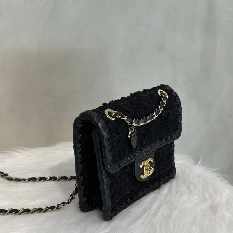 CHANEL 22C滾邊粗毛呢豆腐包 - 小號黑金-2