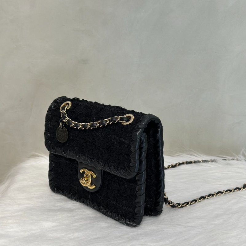 CHANEL 22C滾邊粗毛呢豆腐包 - 小號黑金-3
