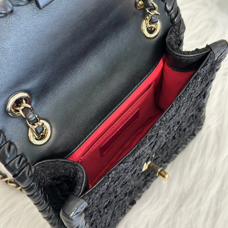 CHANEL 22C滾邊粗毛呢豆腐包 - 小號黑金-6