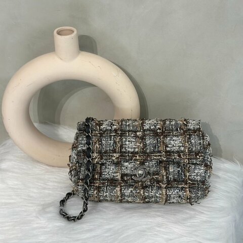 CHANEL 經典口蓋包Mini CF20 - 編織毛呢棕灰銀27開