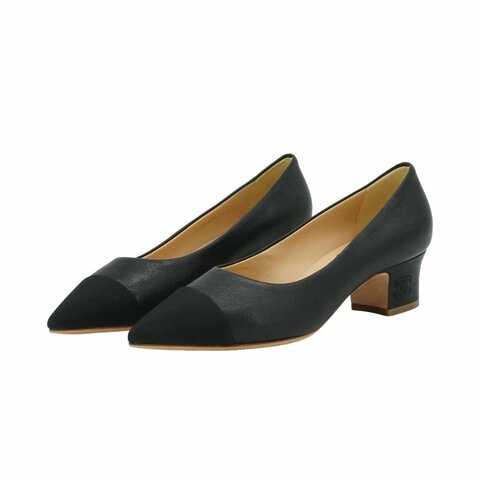 Chanel 展示品 牛皮拼布面尖頭高跟鞋#37.5(G33274-黑)