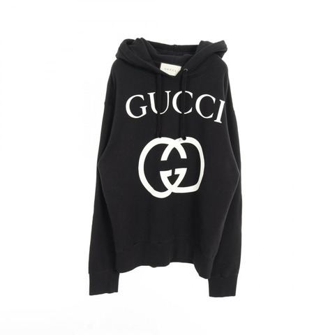 GUCCI 互扣式 G 連帽衫 475374 棉質黑色白色二手男款 S 碼標誌