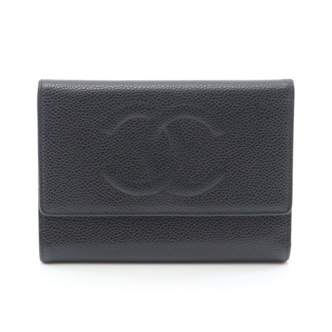 CHANEL COCO Mark 三折皮夾 皮革 粒面小牛皮 黑色 二手 女士 GHW