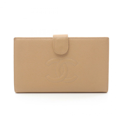 CHANEL COCO Mark 皮夾雙折皮夾皮革粒面小牛皮米色二手 GHW CC