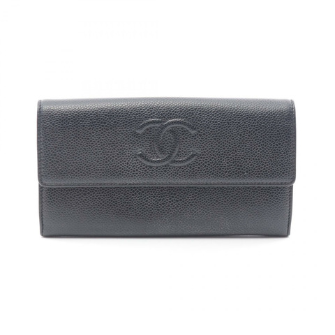 CHANEL COCO Mark ZIP 長皮夾 皮革 粒面小牛皮 黑色 二手 女士 SHW