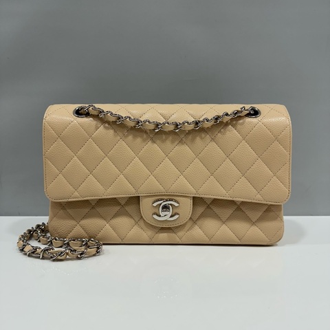 Chanel A01112 荔枝皮奶茶銀釦斜背包 coco 25