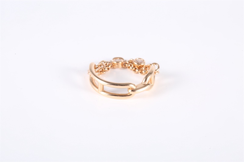 HERMES(愛馬仕) 18K玫瑰金 鑽石 玫瑰金 豬鼻子 雙層鏈條 帶鑽 戒指 18K-2