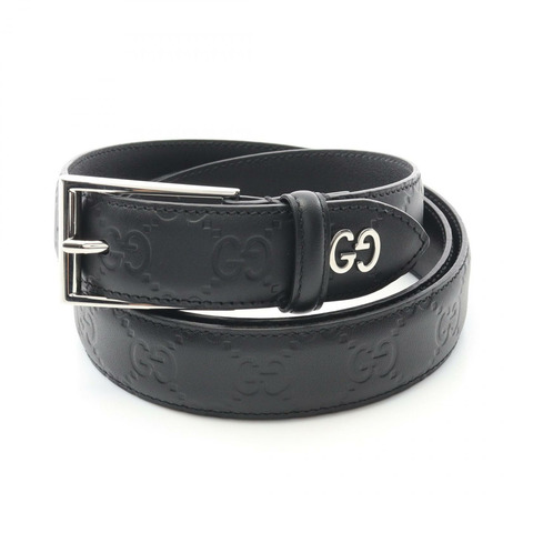 GUCCI 方形扣環腰帶 GG 圖案 474313 皮革 黑色 二手 男士 SHW
