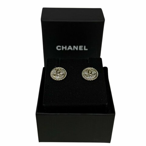 【美收精品】CHANEL銀色雙C鑲鑽耳環 3-109