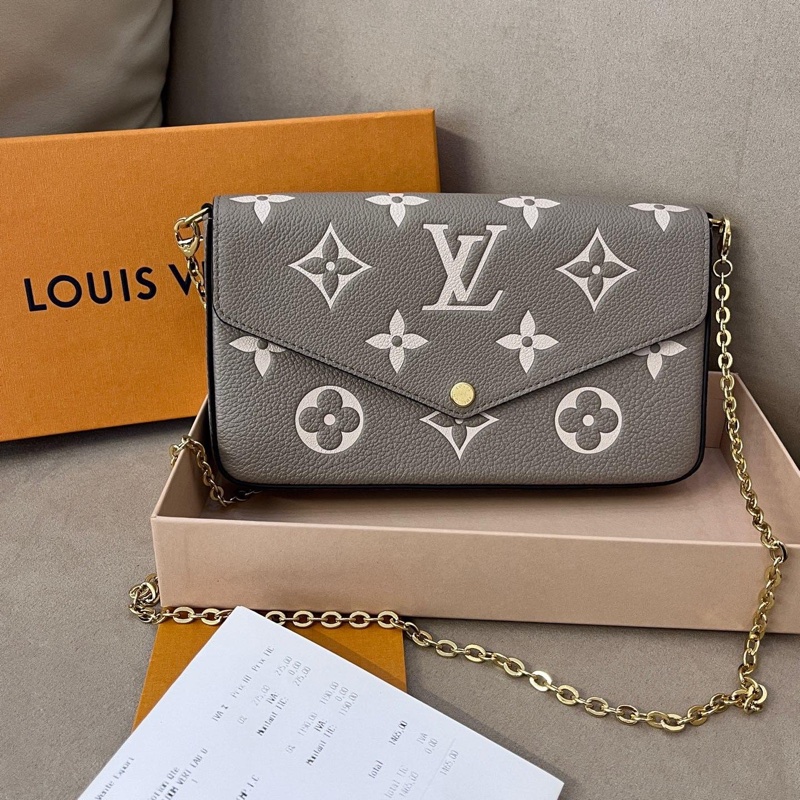 LV路易威登 Felicie Pochette 大象灰壓花皮革三合一鏈條包 芯片款-0