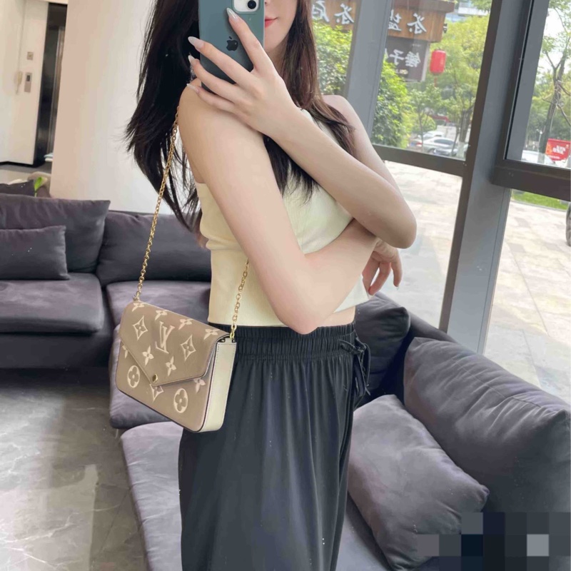 LV路易威登 Felicie Pochette 大象灰壓花皮革三合一鏈條包 芯片款-7