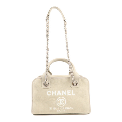 CHANEL 斜紋軟呢Deauville Bowling銀扣手挽肩背兩用袋